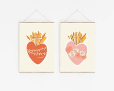 two cards with hearts and french fries on them