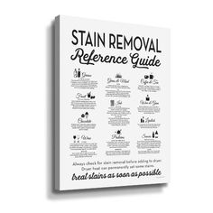 the stain removal reference guide is displayed on a white canvas with black lettering and an image of