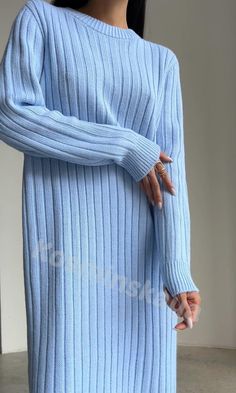 Light blue ribbed knit midi dress will keep you warm in the most inclement weather!  Our straight fit crew neck dress is knitted from a wool and acrylic blend on a manual knitting machine.  The sweaterdress is cozy and warm, you can safely wear it anywhere, as casual wear for every day, office and college, as well as for a party, romantic date, birthday, etc.       CARE   Hand wash only *20oС Use special detergents, spin only by hand, without strong mechanical action    It is forbidden to hang on the shoulders  Dry only in a horizontal position, away from heating devices   Pay attention!  On knitted products, an error of 3-4 cm is permissible   DETAILS  - light blue - seamless  - ribbed  - 50% wool, 50% acrylic  - midi  - loose fit  - crew neck  - long sleeve  - cozy   SIZES  This dress is Ribbed Crew Neck Sweater Dress For Winter, Winter Ribbed Sweater Dress With Crew Neck, Winter Ribbed Crew Neck Sweater Dress, Knee-length Ribbed Knit Sweater Dress, Blue Ribbed Dress For Winter, Winter Blue Ribbed Dress, Blue Ribbed Sweater Dress For Winter, Winter Ribbed Crew Neck Dress, Casual Blue Ribbed Sweater Dress