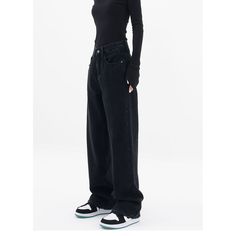 High Waist Wide Leg Black Baggy Jeans  Material: Cotton  Size: S, M, L, XL, Color: Black Pants Type: Straight Pants Style Type: Street Trendy  Season: Spring, Fall, Winter, Summer   Occasion: Leisure, Outdoor, Daily, Vacation, Fall Outfits Black Pants Wide Leg Outfit, Black Wide Leg Pants For Streetwear, Casual Washed Black Wide-leg Pants, Casual Wide-leg Pants In Washed Black, Black Straight Jeans For Fall, Edgy Black Full-length Bottoms, Baggy Washed Black Wide-leg Pants, Black Relaxed Fit Full-length Bottoms, Baggy Wide-leg Pants In Washed Black