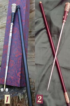 two different types of swords are shown in the same image, one is purple and the other is red