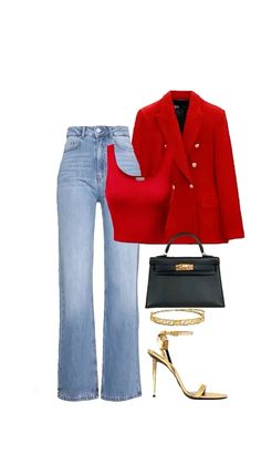 a woman in red jacket and jeans is wearing high heels