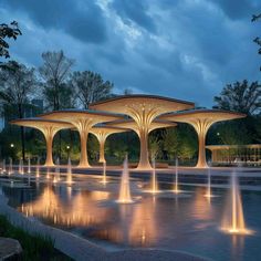 an illuminated fountain in the middle of a park