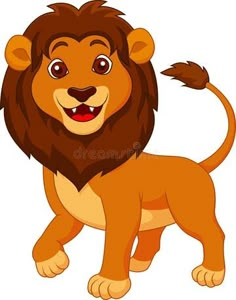 a cartoon lion standing and smiling with his tail curled up in the air royalty illustration