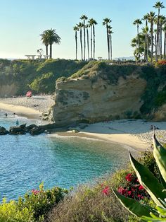 a sandy beach with palm trees and people on the water in front of some cliffs