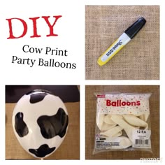 three different items are shown with the words diy cow print party balloons