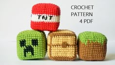 crochet pattern for three small toy blocks with the words knitted on them