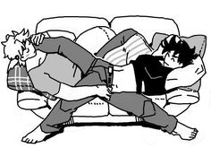 a black and white drawing of two people laying on a couch with their arms around each other