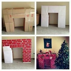 four different pictures of christmas decorations made out of cardboard boxes and bricks, including a fireplace