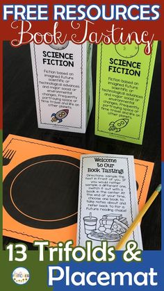 three books with the title free resources for book tasting and science fiction in front of them