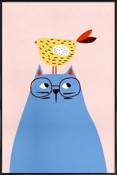 a blue cat with glasses and a bird on top of its head, against a pink background