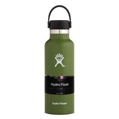 the hydro flask water bottle is blue and has a black cap on it's side