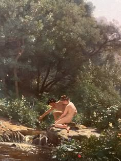 a painting of a man sitting on a rock by a stream