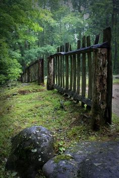 an old wooden fence in the woods with moss growing on it and rocks around it