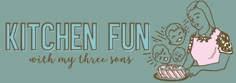 the kitchen fun with my three sons logo is shown in blue and pink, as well as an image of a woman holding a cake