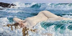 a painting of a naked woman laying on top of a wave in the ocean with her head down