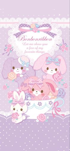 a pink and purple greeting card with three baby animals