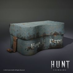 an old trunk with the word hunt painted on it's front and back sides