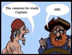 a cartoon depicting two men in pirate garb, one is talking to the other