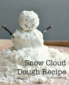 a snowman made out of dough sitting on top of a wooden table with the words snow cloud dough recipe