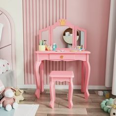 Description: The JOYMOR Vanity Set is the perfect pick for a kid with a big personality! The sturdy two-piece set features a pink vanity and stool with large crown. The vanity boasts a 3-angle mirror, a spacious tabletop to organize jewelry and lip gloss, and a sliding drawer to tidily tuck small items away. Features: Child-Sized Vanity - Every girl wishes to have a glamorous dressing table with all her jewelry and makeup! Purchase an ideal vanity set for your child! Your kids will enjoy their own sized furniture. One Big Drawer - A pull-out drawer gives you enough space to store all your things, help childs organize their cosmetics, provide a comfy place to do makeup. One Large Center Mirror and Two Side Mirror - Three mirror lets your princess admire her beauty from any angle. User-frien Princess Playroom, Princess Toddler Bed, Princess Vanity, Kids Chaise, Kids Vanity Set, Kids Dressing Table, Bedroom Vanity Set, Mirrored Vanity Table, Children Furniture