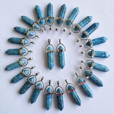 30pcs Natural Blue Crazy Agate Stone Pendants Hexagonal Pillar Pendulum DIY Stone Size:35mm*8mm*10mm Color:Blue Material: Natural Blue Crazy Agate MOQ: 30 PCS 1inch=2.539cm,  1cm=0.3937inch    1cm=10mm Stone Produce Can Gives You Deep Sense of Positive Energy  Peace of Mind, Balance, Healing, Meditation, Balancing Emotions Energy forBeginners for Teens Yoga Supplies , Art Collection ,Charms for Making Jewelryand Findings Supplies. Application: 1. Personalized charm Suitable for any occasion wear,Unique Gift! 2. For clothing accessories would be more fashionable. 3. Match your own necklace.  Note:2. This is natural material with High hardness, after highpolish by human, sometimes will have a little crack, But we will check one byone before we ship make sure all in good condition. 3. If you Pendulum Diy, Balancing Emotions, Yoga Supplies, Healing Meditation, Natural Material, Fashion Jewelry Necklaces, Agate Stone, Stone Pendant, Stone Pendants