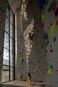 two children climbing up the side of a rock wall in an indoor climbing area with large windows