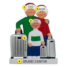 a christmas ornament with three people holding luggage