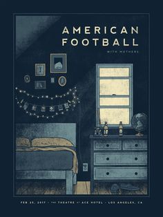 the cover of american football with pictures on it and a bed in front of an open window