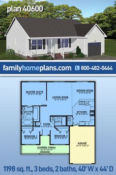 two story house plan with 3 beds, 2 baths, and 4 w / d