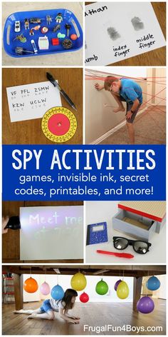 several different pictures with words that say spy activities, games, invisible ink, secret codees, printables, and more