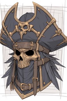 a drawing of a skull wearing a pirate's hat with horns and swords on it