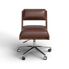 a brown leather office chair with wheels on an isolated white background, viewed from the front