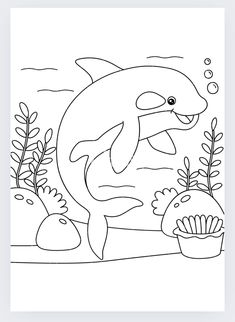 a dolphin swimming in the ocean with plants