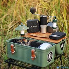 an outdoor picnic set up in the grass