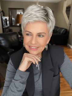 True Pixie Haircut, Pixie Wigs For White Women, Ellen Wille Wigs, Short Gray Hair Styles, Pixie Cut For Thinning Hair, Short Silver Hair Pixie Cuts Older Women, Grey Pixie Hair, Gray Hair Pixie Cuts, Grey Hair Wig