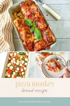 Titled collage graphic of 3 pizza bread images. Pizza Monkey Bread, Monkey Bread, Bread Recipes, Pizza, Bread, Pizzas