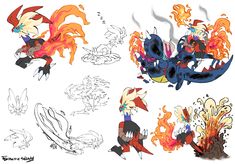 some drawings of different types of fire breathing animals