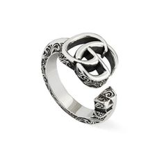 From Gucci, this ring is crafted in sterling silver with an aged finish that adds an antique quality to the overall design. This style features intricate arabesque engraving and the iconic Gucci Marmont double G motif as the top piece of a key which is formed into a ring. Made in Italy. This ring is a size 6.75. Gucci Ring, Luxury Gifts For Men, Fall Rings, Gucci Jewelry, Luxury Rings, Gg Marmont, Designer Gifts, Luxury Gifts, Open Ring