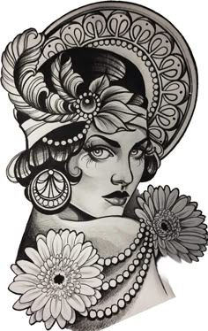 a black and white drawing of a woman with flowers in her hair, wearing a hat