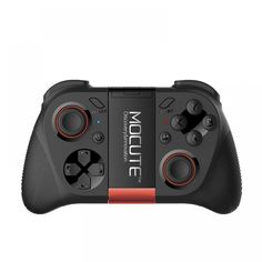 an image of a remote control for a game system on a white background with the words mocute written in black and red