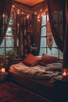 a bed sitting in front of a window covered in curtains and lights next to a potted plant