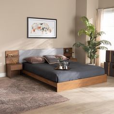 Baxton Studio Sami Modern and Contemporary Light Grey Fabric Upholstered and Walnut Brown Finished Wood Queen Size Platform Storage Bed with Built-In Nightstands FredCo theFredCo Platform Storage Bed, Platform Storage, Storage Bed, Box Spring, Bed Room, Walnut, Dresser, Shelves, Queen