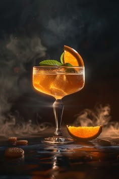 a drink with orange slices on the side and steam rising from it's rim