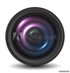 a camera lens with purple and blue light in the center, on a white background