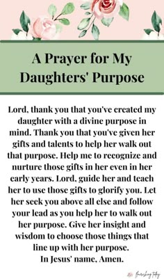 a prayer for my daughter's purpose with roses and leaves on the bottom corner