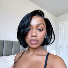 #picoftheday #instagram #mikariajanae Bob With A Side Part, Silk Press Bob Hairstyles, Side Part Silk Press Natural Hair Short, 90s Bob Black Women, Short Bob Side Part, Short Silk Press, Pixie Wigs For Black Women, Mikaria Janae, Natural Hair Bob Cut