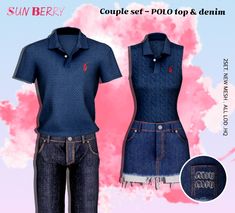 an image of a polo shirt and denim overalls for the game sun berry, complete set - polo top & denim shorts