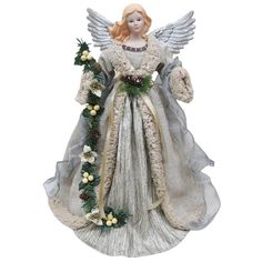 an angel figurine is shown with holly garlands and pine cones on it