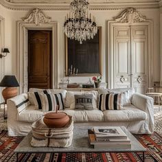 a living room filled with furniture and a chandelier